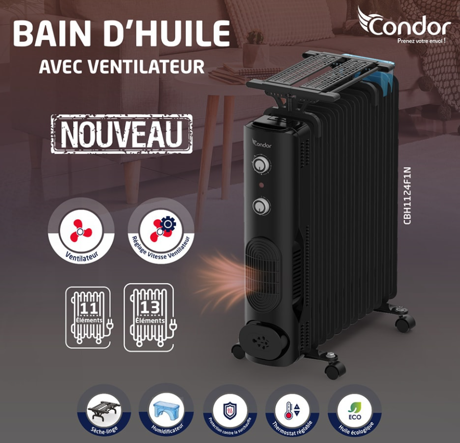 Radiateur Bain d’huile Condor Ventilo Noir 11 éléments