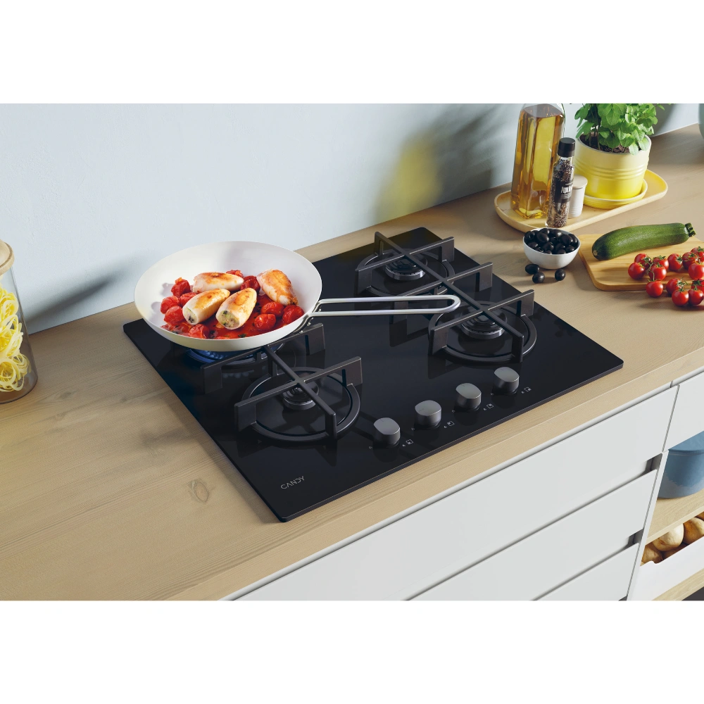 Table de cuisson encastrable CANDY 4 feux Wok Black Glass  Thermocouple Commande frontale